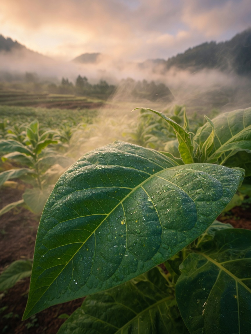 Diffuse light over a highland Yunnan tobacco field: light is the invisible chemist shaping tobacco leaf aroma and burning performance.