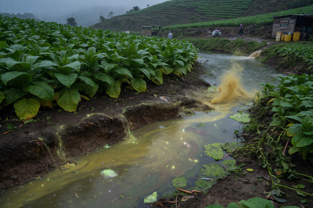 Les fosses de drainage des champs de tabac sont directement relies aux rivieres; apres la pluie, l'eau jaune chargee d'engrais et de residus de pesticides s'ecoule dans les affluents