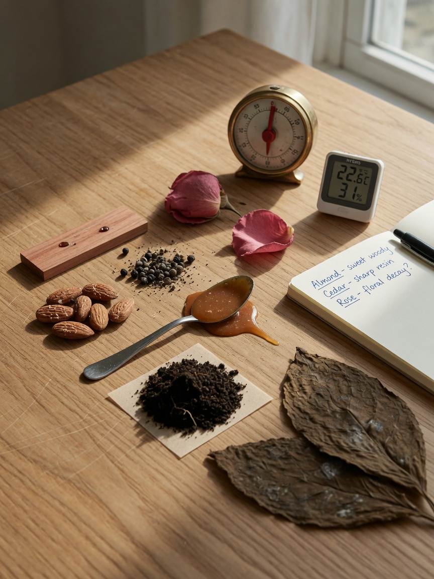Six objets de référence : amandes légèrement torréfiées, baguette de cèdre, poivre noir fraîchement moulu, rose séchée, crème légère et terre de pot légèrement humide — le point de départ du dictionnaire L2